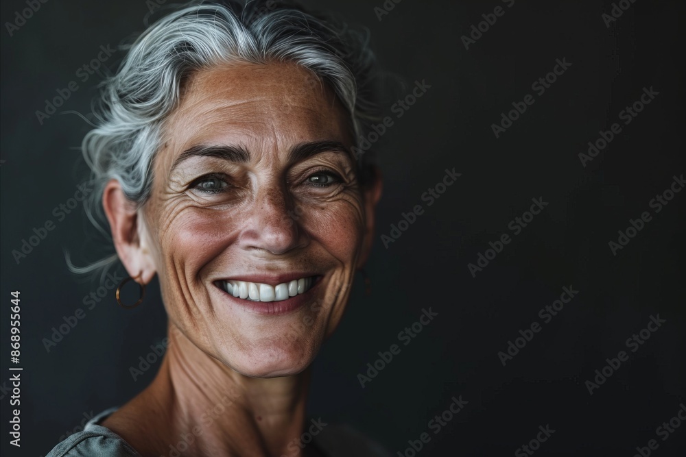 Portrait of smiling senior woman with grey hair against dark background. Portrait of smiling senior woman with grey hair against dark background.