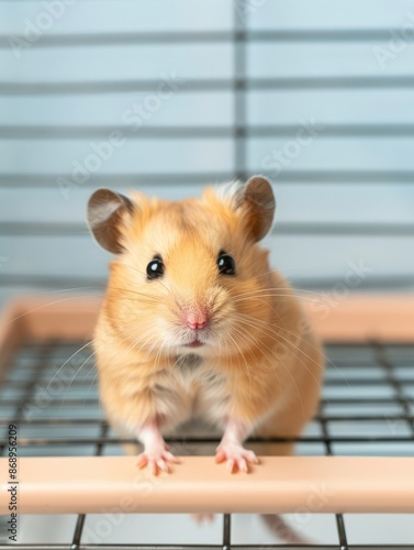 A small, golden hamster sits in a cage, looking directly at the camera with curiosity. photo