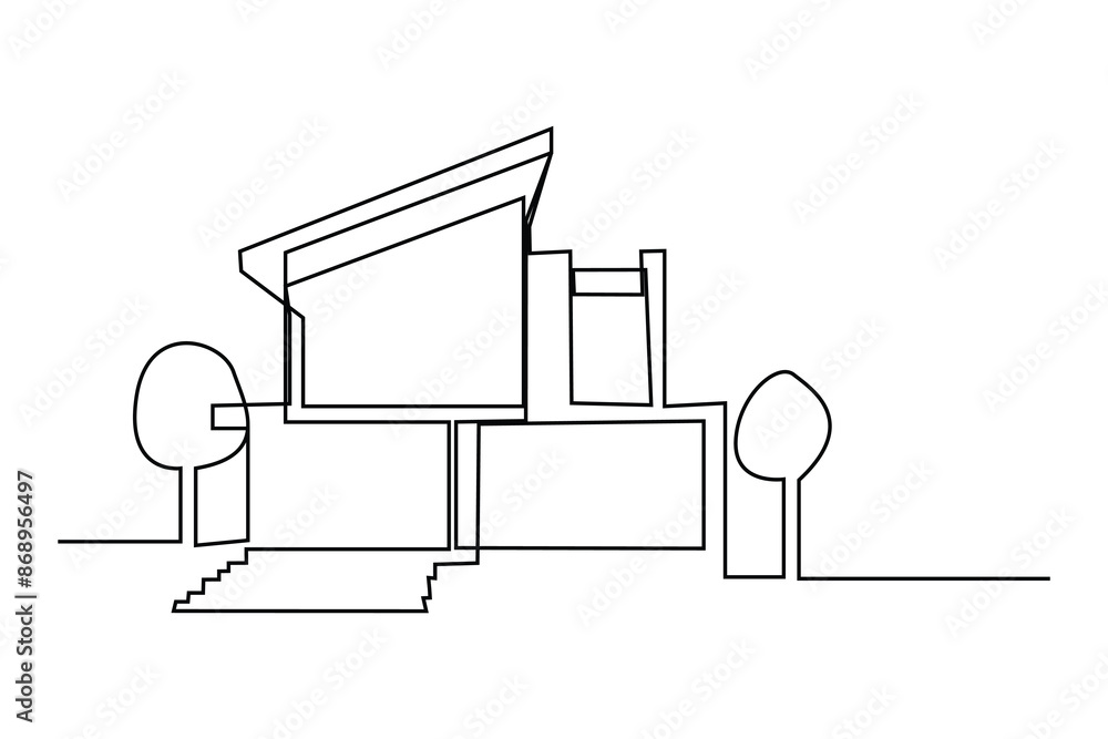 Abstract modern house continuous one-line art drawing. Vector illustration