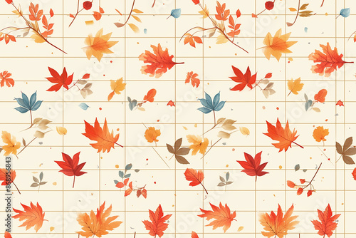 Autumn-themed seamless pattern featuring various types of leaves in warm colors on a grid-like light background.