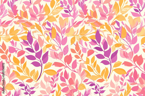 Colorful seamless pattern with pink, purple, and orange leaves on a light background, creating a lively and cheerful design.