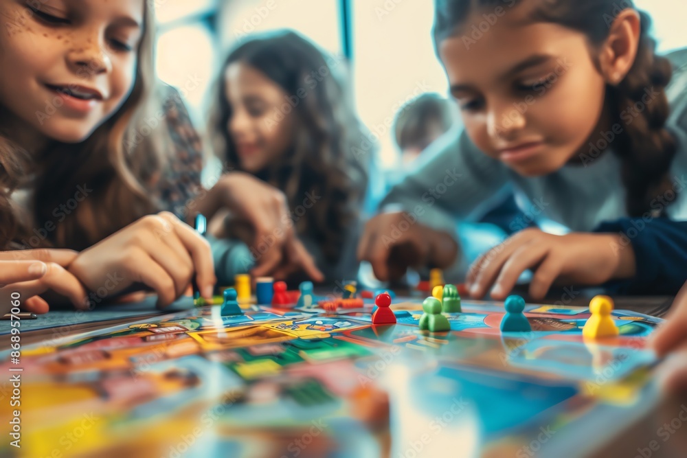 Children engaged in a fun and colorful board game, focusing on teamwork and strategy in a lively social setting. Children engaged in a fun and colorful board game, focusing on teamwork and strategy in a lively social setting.