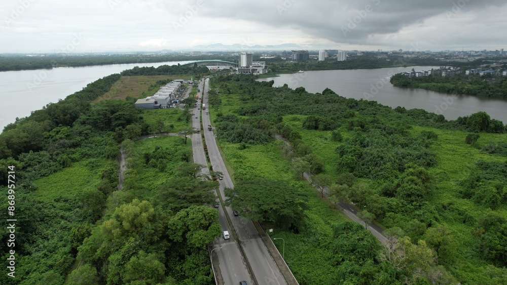 Kuching, Malaysia - July 1 2024: The Isthmus with the Twin Towers, Barrage and Borneo Convention Centre Kuching