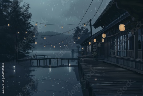 Quiet dock with a wooden dockhouse and hanging lanterns, cozy vibe, Generative AI photo