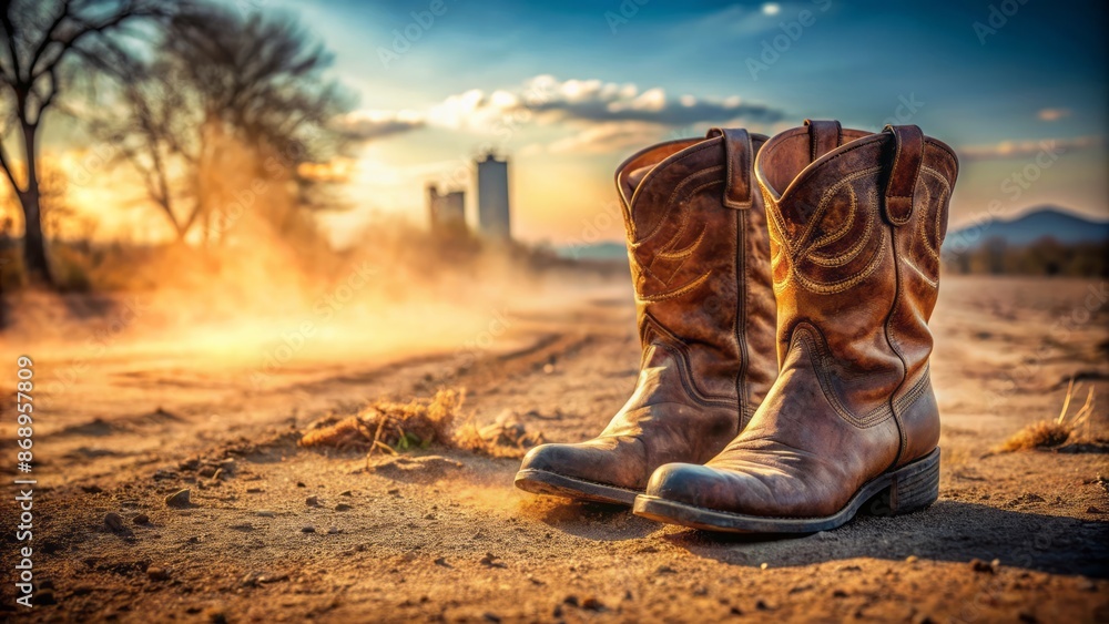 Rustic country dance floor scene with brown cowboy boots and worn jeans shorts lying on dusty ground, American nostalgic feel. Rustic country dance floor scene with brown cowboy boots and worn jeans shorts lying on dusty ground, American nostalgic feel.