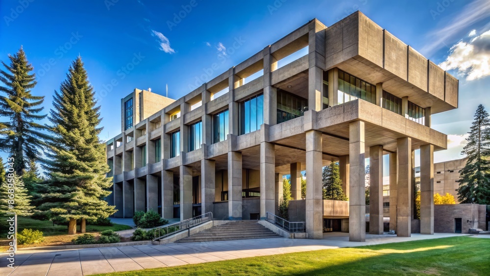 Fototapeta premium Historic brutalist-style building with concrete columns and angular lines now houses University of Calgary architecture school in Calgary Alberta.