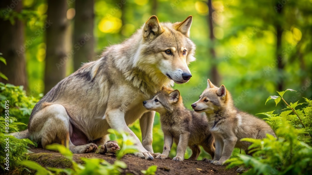 Adorable gray wolf mother tenderly cares for her newborn pups in a serene forest setting surrounded by lush green vegetation.