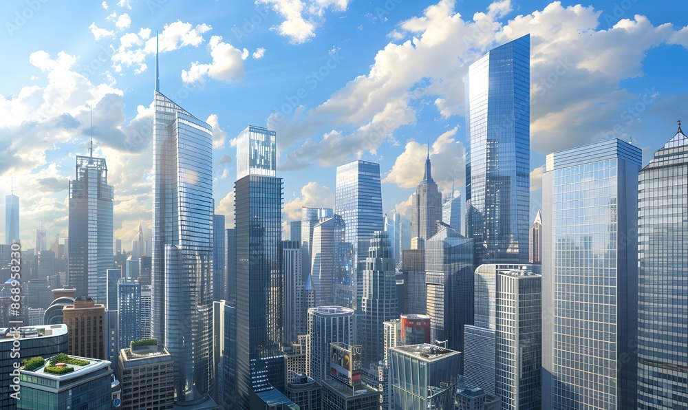 Obraz premium Aerial View of a Modern Cityscape with Skyscrapers and Blue Skies