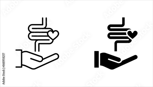 Intestine with heart icon set. Healthy internal organ, digestive tract symbol vector illustration on white background