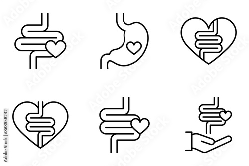 Intestine with heart icon set. Healthy internal organ, digestive tract symbol vector illustration on white background