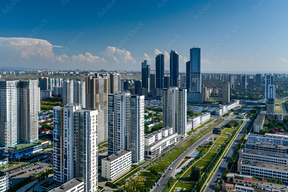 Naklejka premium Aerial View of a Modern Cityscape with Tall Buildings