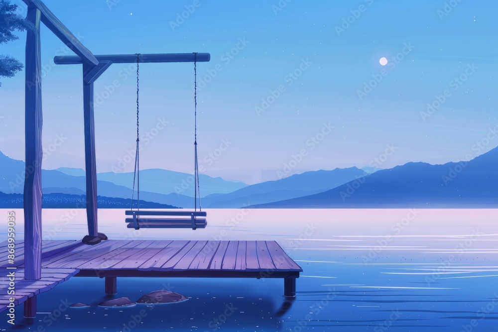 Tranquil dock with a swing overlooking calm waters and distant mountains, cozy vibe, Generative AI Tranquil dock with a swing overlooking calm waters and distant mountains, cozy vibe, Generative AI