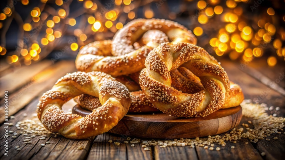 Freshly baked circular Greek bread topped with sesame seeds and served on a rustic wooden table with a warm ambiance. Freshly baked circular Greek bread topped with sesame seeds and served on a rustic wooden table with a warm ambiance.