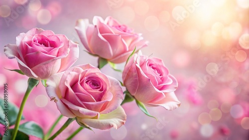 Soft focus pink roses bloom against a delicate pink background, perfect for expressing love and romance on special occasions. © Wanlop