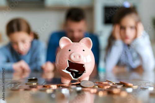 Family worried expressions, broken piggy bank and scattered coins illustrating insufficient emergency fund photo