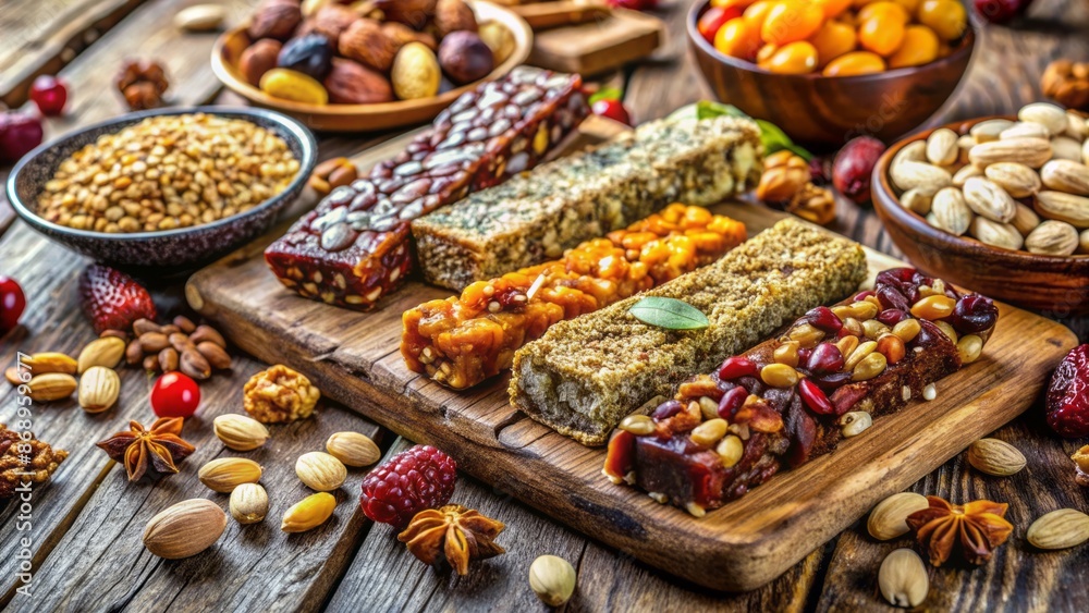 Fototapeta premium Array of colorful energy bars, nuts, and dried fruits arranged artfully on a wooden table against a blurred natural background.