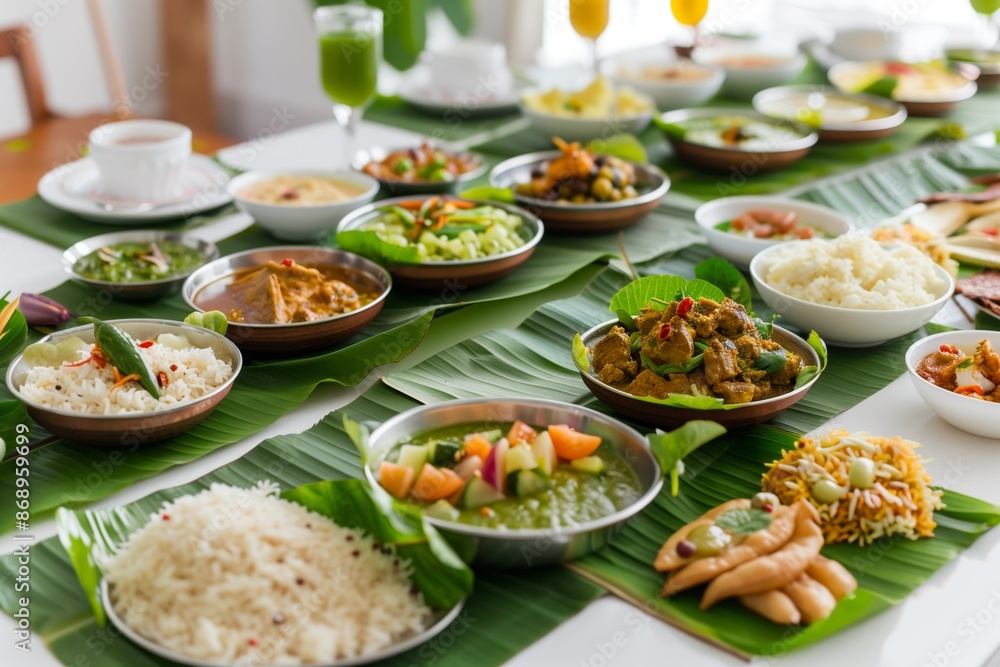 Vibrant display of traditional Onam Sadhya feast beautifully arranged on banana leaves showcasing Kerala culinary heritage Vibrant display of traditional Onam Sadhya feast beautifully arranged on banana leaves showcasing Kerala culinary heritage