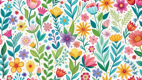 Vibrant colorful hand-drawn spring flowers seamless pattern for fabric textile design and summer wallpaper backgrounds.