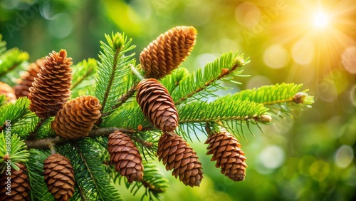 Fresh vibrant spruce branch with fully ripe brown cones stands out against a soft blurred green bokeh background with ample copyspace.