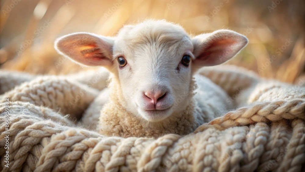 Fototapeta premium Snuggled up in warm cozy knit blankets, an adorable lamb rests peacefully, basking in soft, serene, warmly lit surroundings alone.