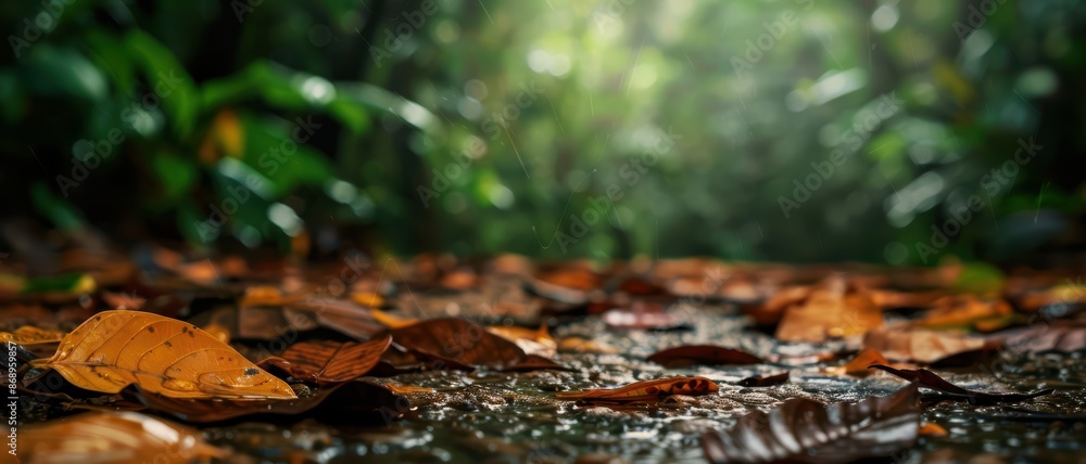 Rainforest floor with leaves and twigs, Rainforest floor with leaves and twigs,
