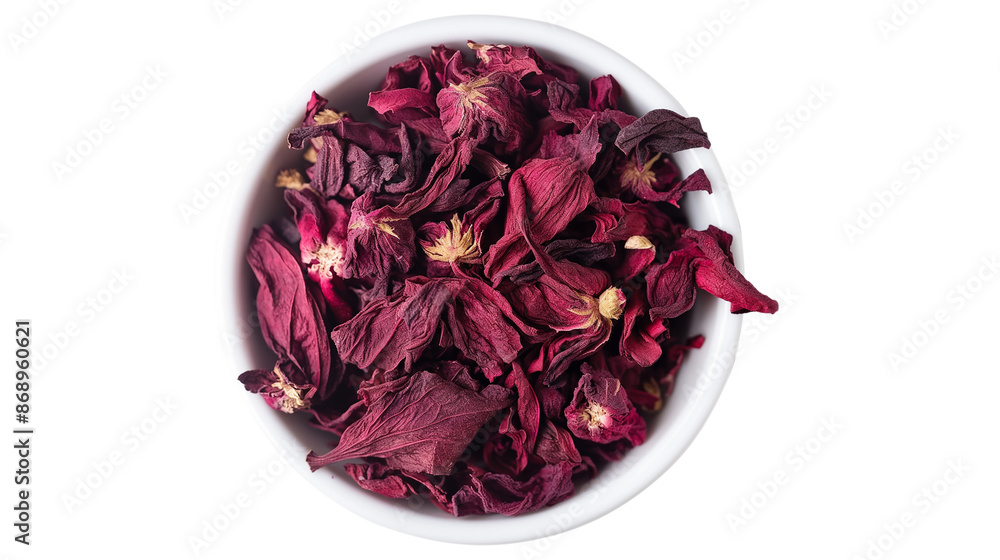 Top view of dried hibiscus sabdariffa or roselle fruits in the white bowl isolated on a transparent background Top view of dried hibiscus sabdariffa or roselle fruits in the white bowl isolated on a transparent background