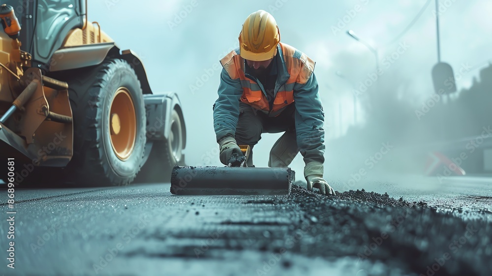 Construction worker using heavy machinery to pave a road, focusing on industrial development and infrastructure. Construction worker using heavy machinery to pave a road, focusing on industrial development and infrastructure.