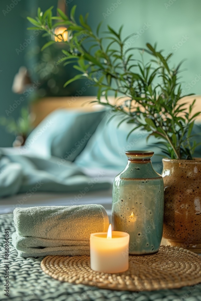 A serene bedroom scene featuring a lit candle, ceramic vase, and greenery on a woven mat, creating a peaceful and inviting atmosphere. A serene bedroom scene featuring a lit candle, ceramic vase, and greenery on a woven mat, creating a peaceful and inviting atmosphere.
