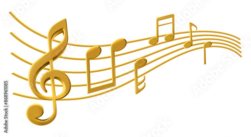 Golden treble clef, notes, classical keys melody sheet. Wavy gold lines swirl as melody flow. Jazz orchestra, violin and piano or vocal song concert. Curved metal logo shape on white background photo