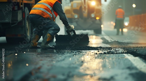 Road construction workers repairing pavement on a foggy morning, with an asphalt paver in the background and reflective gear.