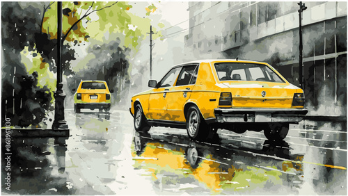 rain vector watercolor illustration hand drawing style car taxi rainy day landscape 