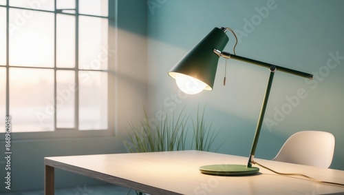 rendering of a modern green desk lamp situated on a minimalist photo