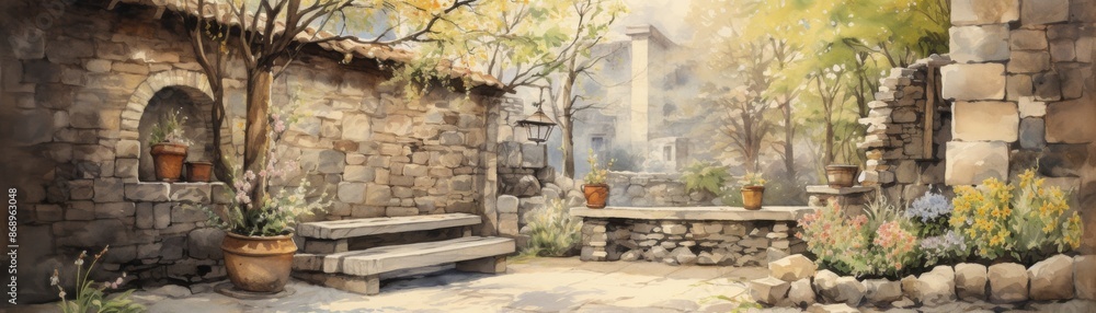 Serene Spring Oasis: Watercolor Courtyard Enclosed by Stone Walls Serene Spring Oasis: Watercolor Courtyard Enclosed by Stone Walls