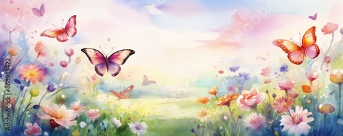 Serene Spring Meadow Bliss: Watercolor Illustration of Cozy Atmosphere with Butterflies Fluttering Around
