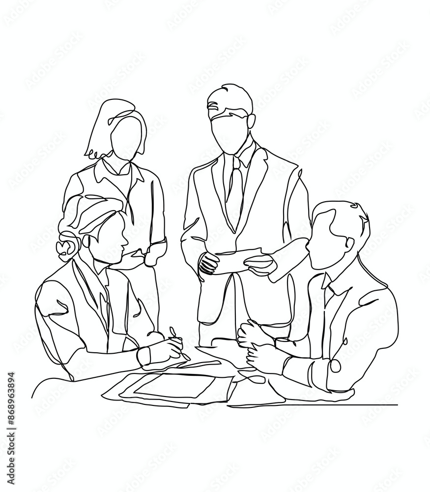 Continuous one line art of young business man and business woman discussing project. Continuous one line art of young business man and business woman discussing project.