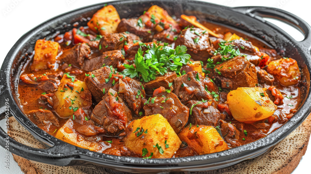 Hungarian goulash with beef and potatoes seasoned with parsley being served in a cast iron pan Hungarian goulash with beef and potatoes seasoned with parsley being served in a cast iron pan