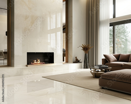 Cozy Elegance: Crema Marfil Fireplace - Warm Living Room, Natural Lighting - Perfect for Luxurious Homes