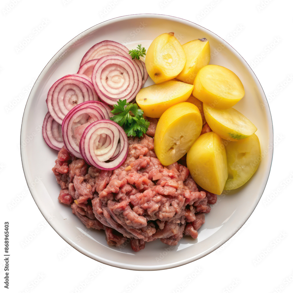 Minced meat with onions and sliced potatoes on white plate on transparent Minced meat with onions and sliced potatoes on white plate on transparent