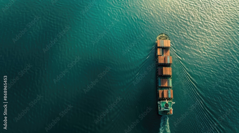 An aerial top view of a container ship in the vast ocean, serving as a vital link for global business logistics, freight shipping, import, export, and international trade An aerial top view of a container ship in the vast ocean, serving as a vital link for global business logistics, freight shipping, import, export, and international trade