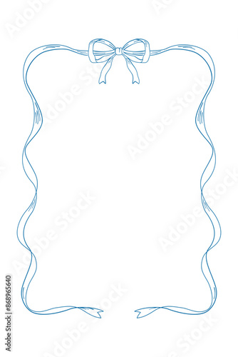 Blue vintage bows frame, Hand drawn ribbons border illustration.