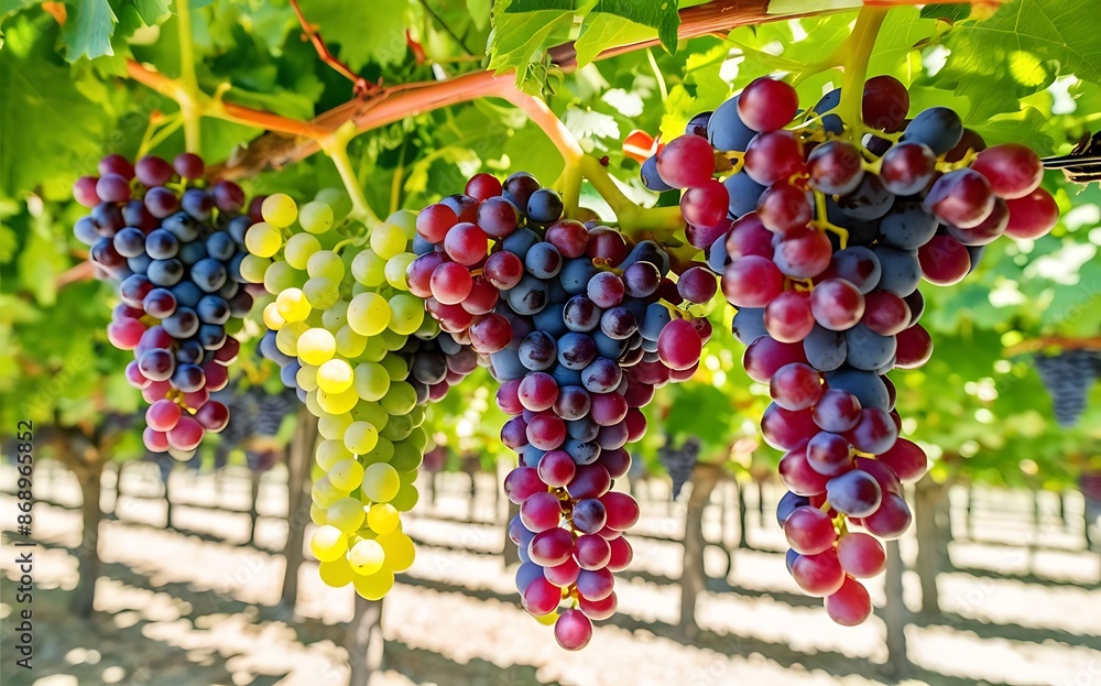 In a sun-drenched vineyard, vibrant clusters of ripe grapes hang from the vines, promising the rich flavors of summer's bounty captured in each plump fruit In a sun-drenched vineyard, vibrant clusters of ripe grapes hang from the vines, promising the rich flavors of summer's bounty captured in each plump fruit