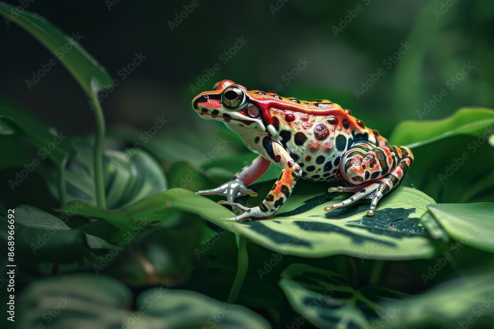 Obraz premium Full body view of Northern Leopard Frog on leave in natural habitat, full body shot, full body View