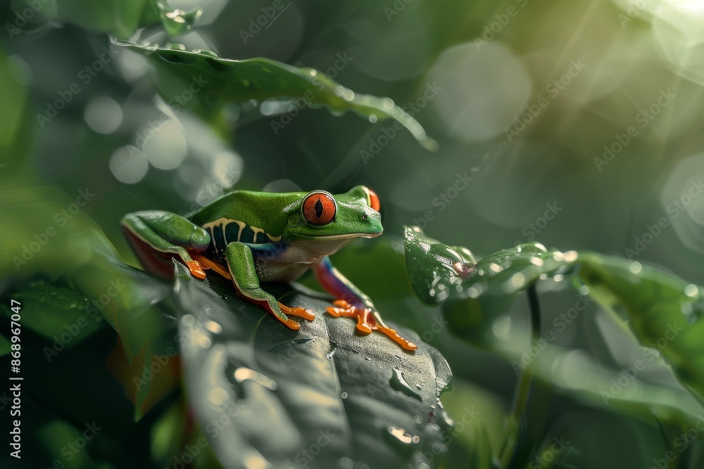 Naklejka premium Full body view of Red-eyed Tree Frog on leave in natural habitat, full body shot, full body View