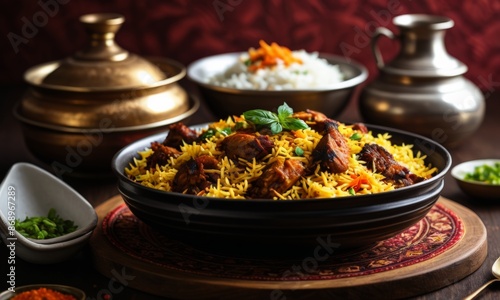 Eastern food, pilaf, meat, rice, spices. Islam. Muslims. Feast. Eid, Islamic new year. Banner, poster. Copy space