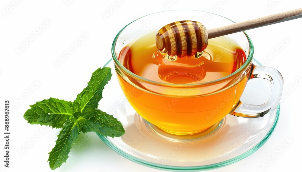 Close-up of a glass cup of tea with a honey dipper and fresh mint leaves, highlighting the vibrant colors and textures. Close-up of a glass cup of tea with a honey dipper and fresh mint leaves, highlighting the vibrant colors and textures.