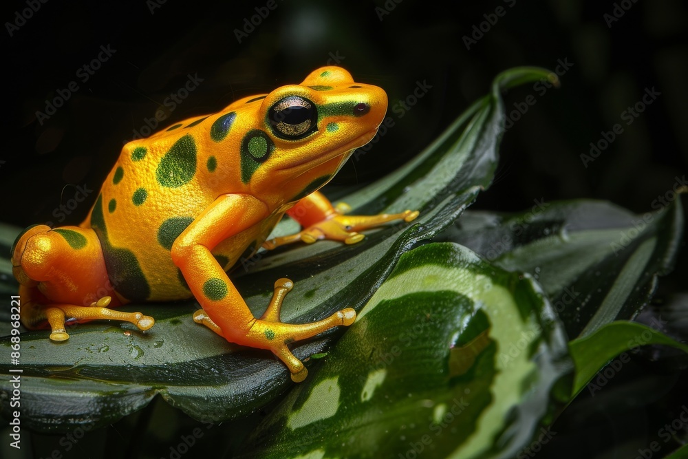 Fototapeta premium Mystic portrait of Panamanian Golden Frog on leave, full body view, full body shot, isolated on black background