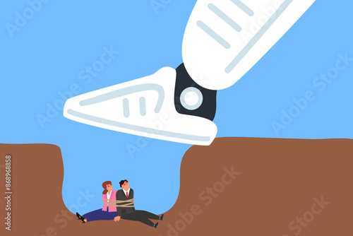 robotic leg over hole business people tied with rope sitting the bottom of the pit vector illustration