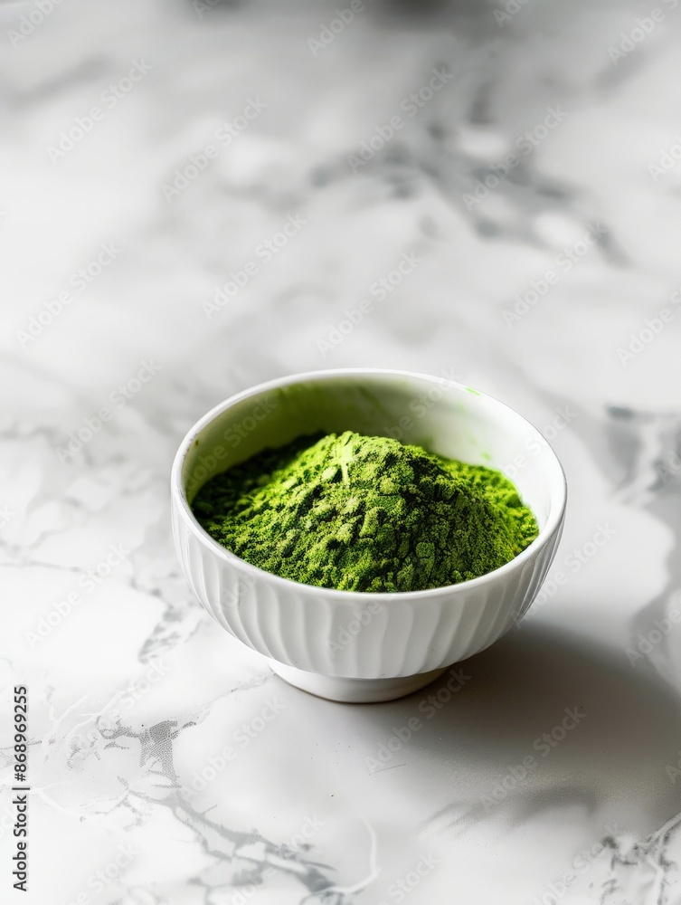 a small white bowl of moringa powder on a marble table