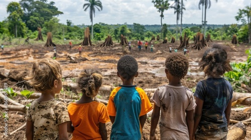 Children observing a deforested area, looking serious and concerned, with fallen trees and barren land around, learning about the impacts of deforestation photo