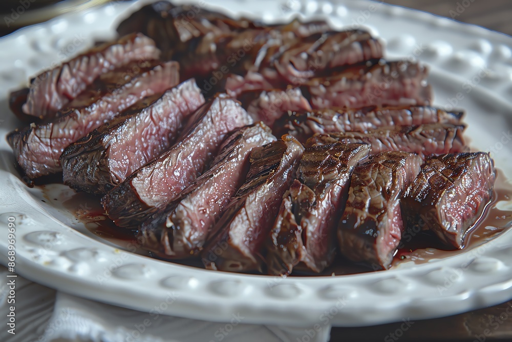 Close-up of sliced grilled steak on white plate. Close-up of sliced grilled steak on white plate.